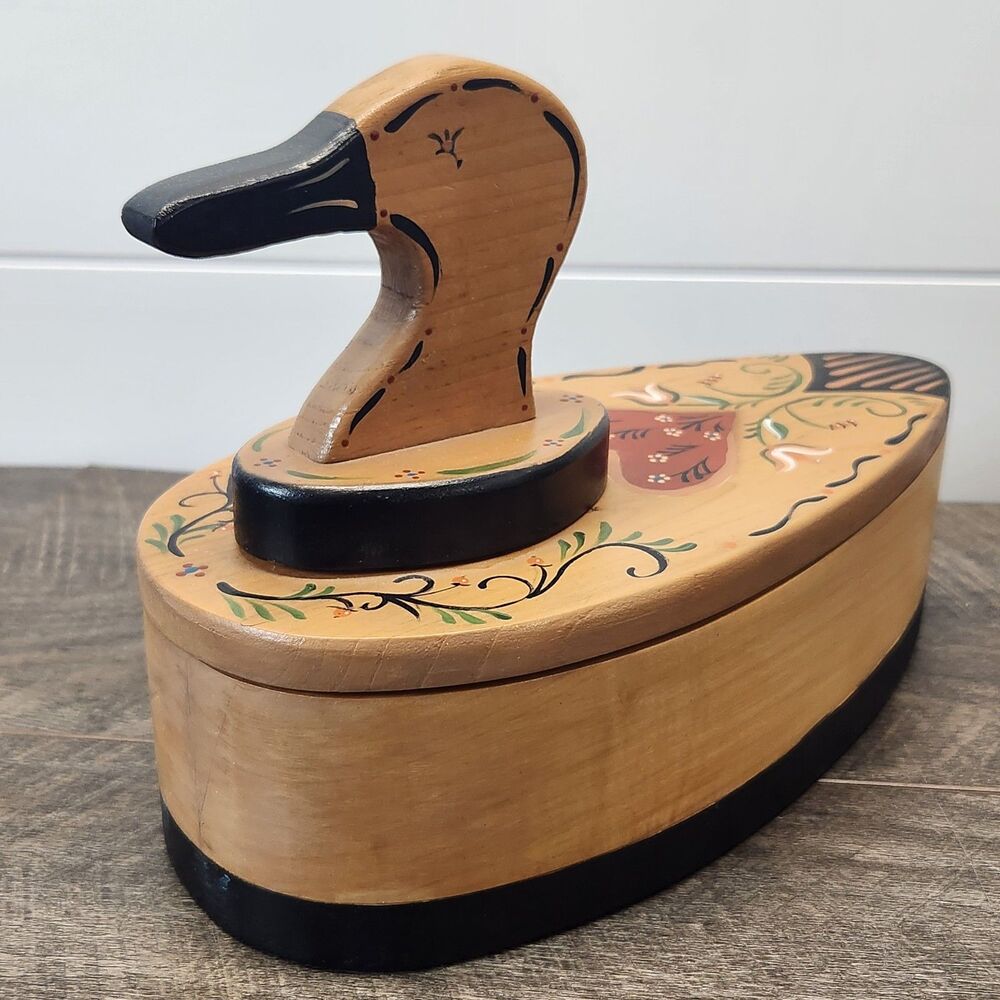 Vintage Hand-painted Duck Trinket Storage Box Cottagecore Wooden Hearts 10.5"